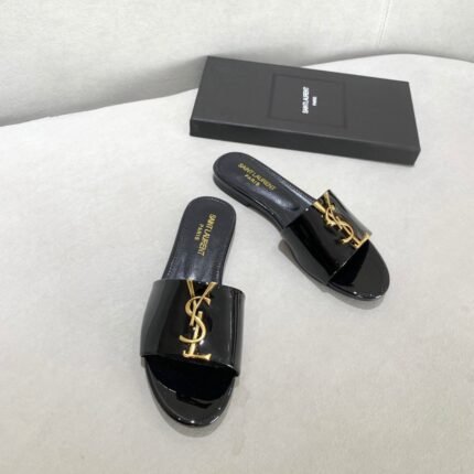 Saint Laurent YSL Logo Flat Slides｜Italian Calfskin Pebbled Finish·Ultra-Soft Shearling Lining